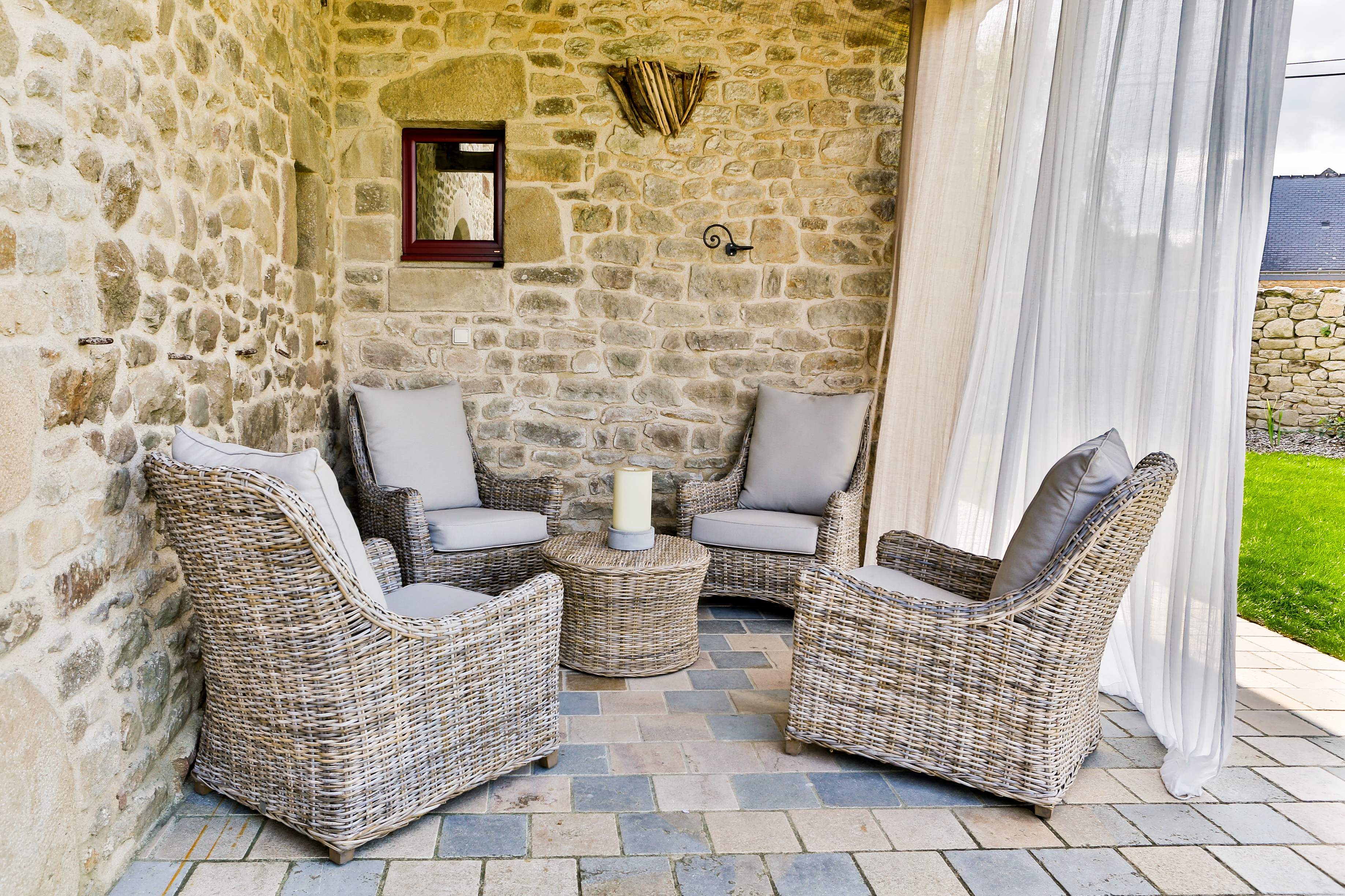 outdoor lounge under awning